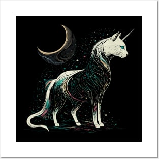 Mystic Unicorn Cat Under The Moonlight Posters and Art